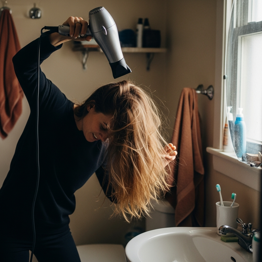 Woman blow drying fine hair upside down to add volume
