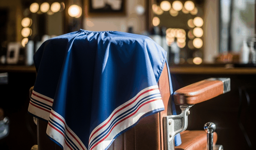 Cozy barbershop chair with childs cape - first haircut experience