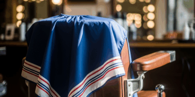 Cozy barbershop chair with childs cape - first haircut experience