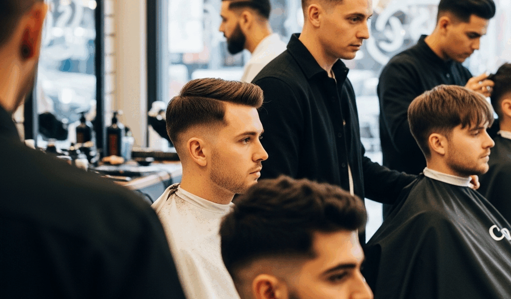 Diverse group of men with trending 2026 haircuts in barbershop setting