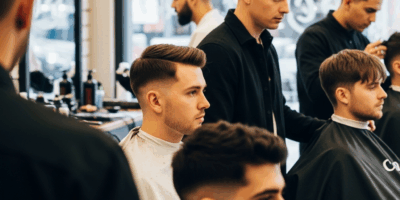Diverse group of men with trending 2026 haircuts in barbershop setting