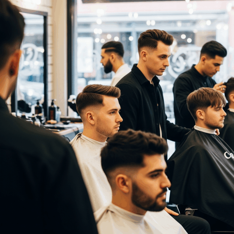 Diverse group of men with trending 2026 haircuts in barbershop setting