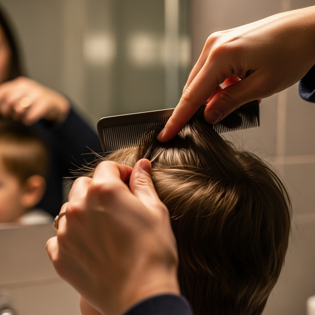 Parent gently combing toddler boy hair to create middle part