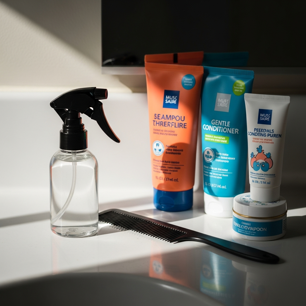 Spray bottle and fine-tooth comb for toddler morning hair routine