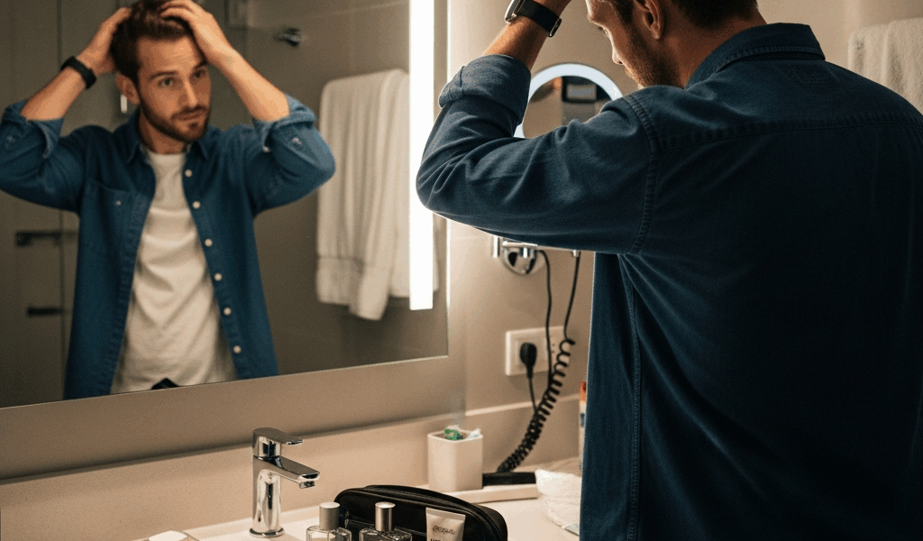 Stylish man checking hair in hotel bathroom