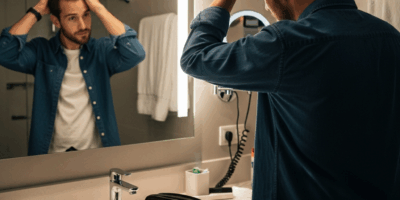 Stylish man checking hair in hotel bathroom
