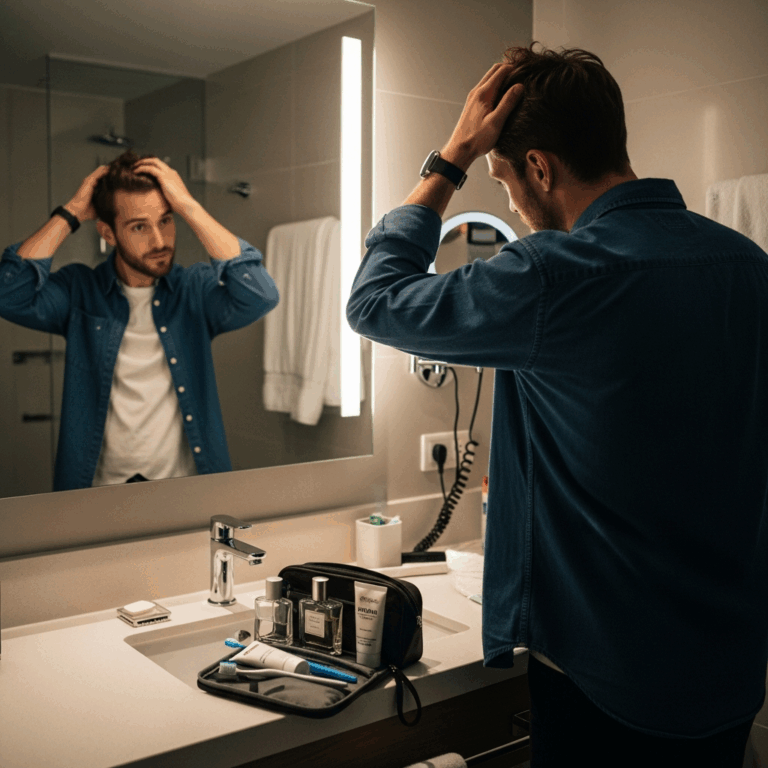 Stylish man checking hair in hotel bathroom