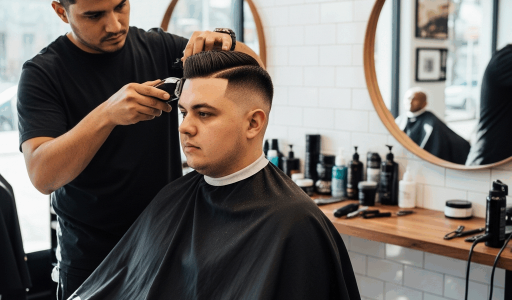 man with round face getting a high fade haircut at barber cl 20260331 134304