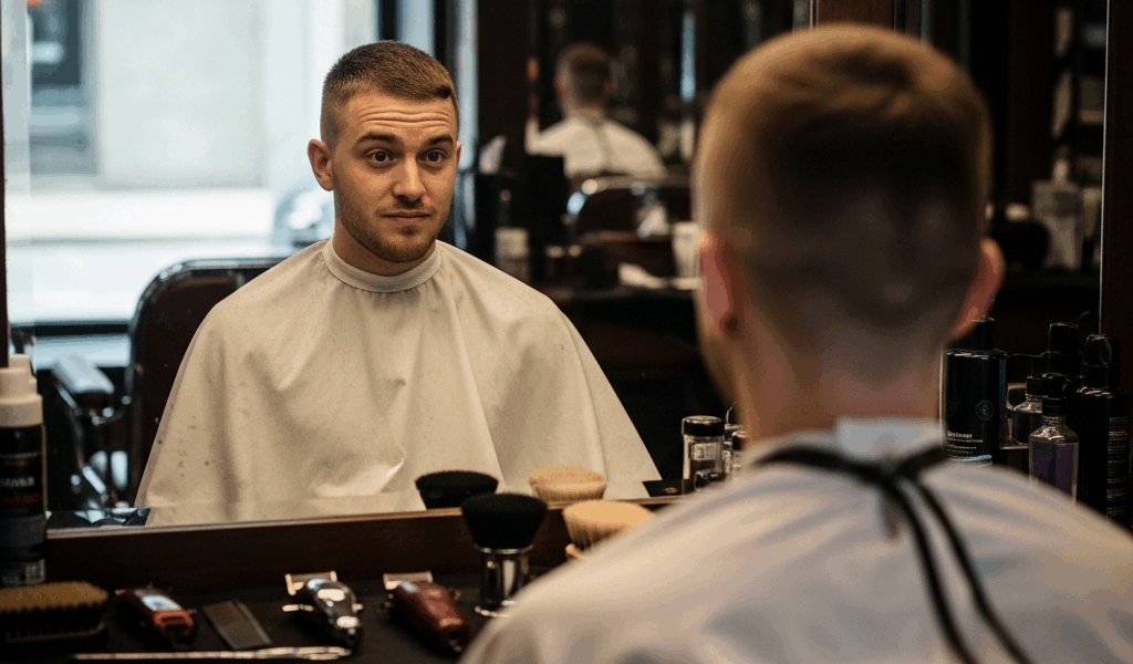 young man with short growing out buzz cut hair looking in mi 20260331 134254